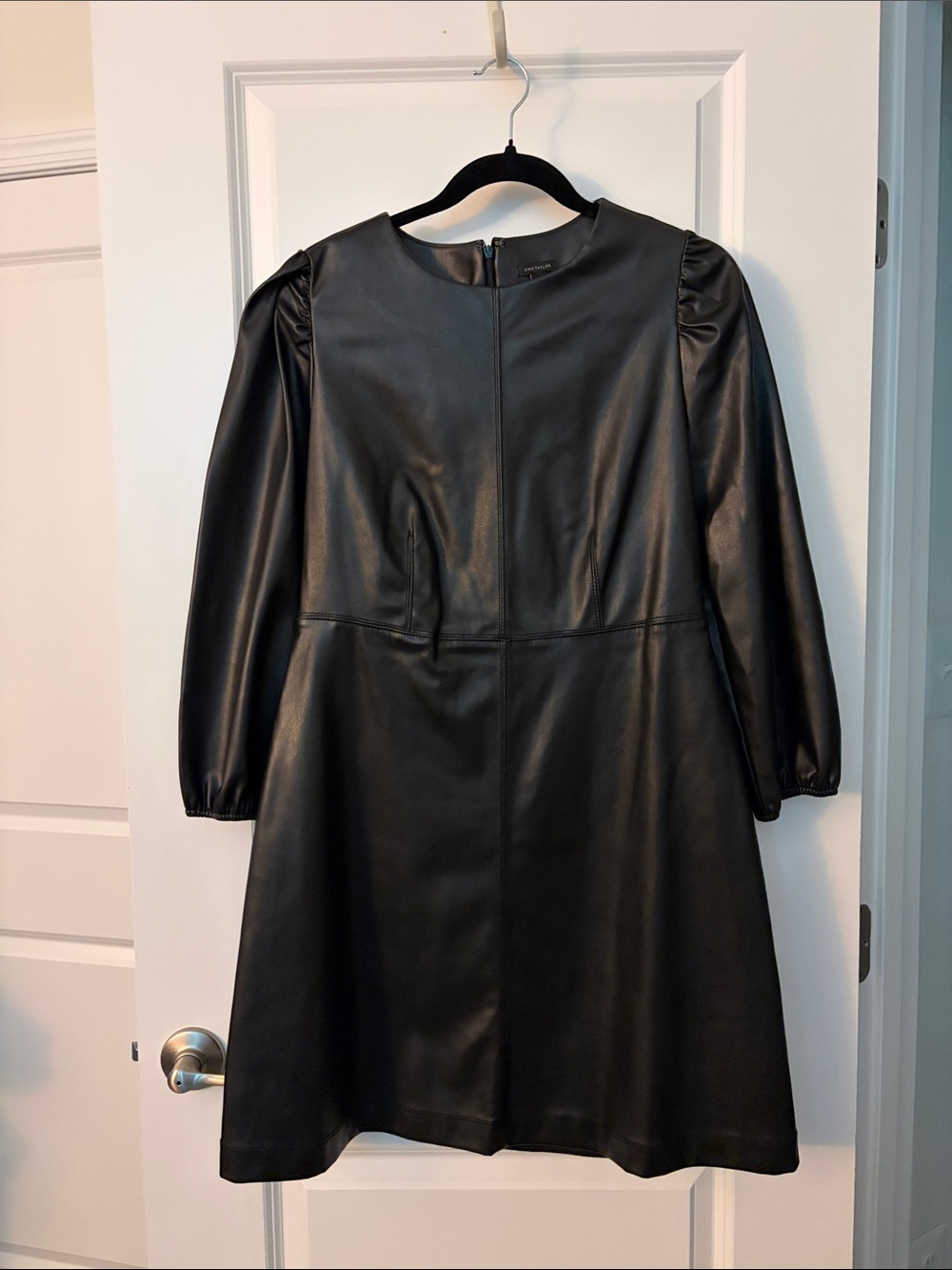 Ann Taylor Black Faux Leather Puff-Sleeve A-Line Dress